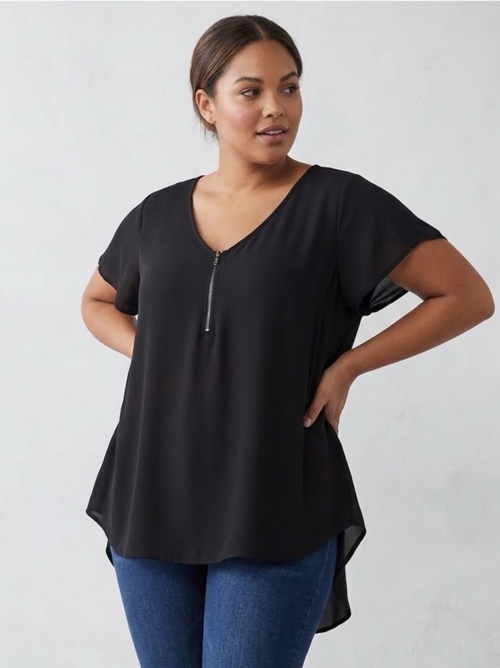 Torrid Black Short Flutter Sleeve High Low Top With Front 1/4 Zip Size 1X